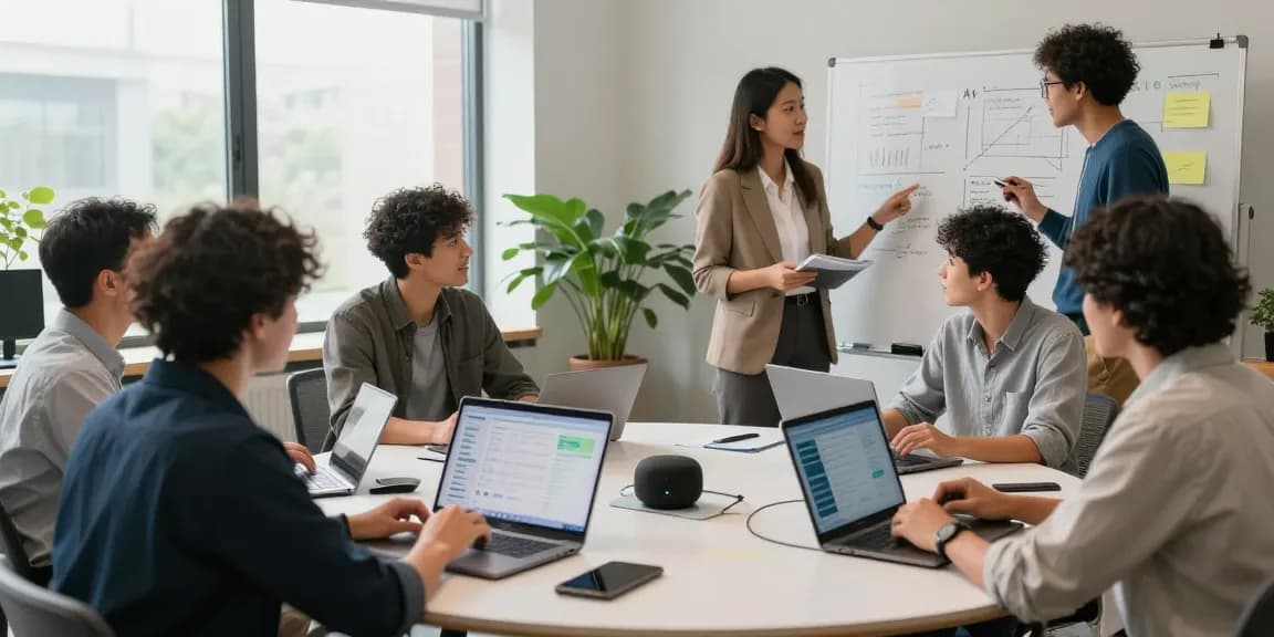 Diverse team collaborating on AI for business solutions in a modern office, showcasing technology and teamwork.