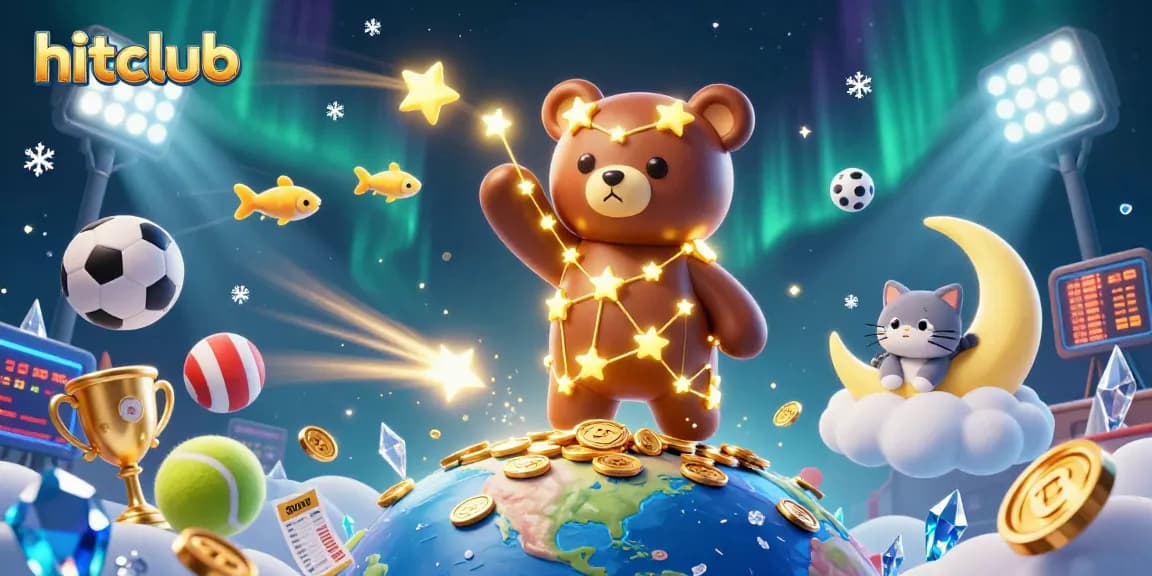 Hitclub's dynamic gaming scene showcases constellation bear scooping coins among vibrant sports elements.