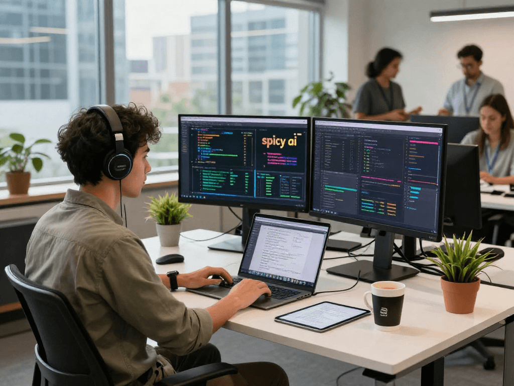 AI developer coding with spicy ai insights on dual monitors in a vibrant tech workspace
