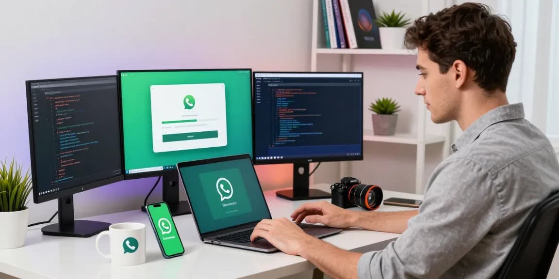 Downloading WhatsApp下載 on a modern workspace laptop, showcasing a tech-savvy professional in a vibrant office environment.