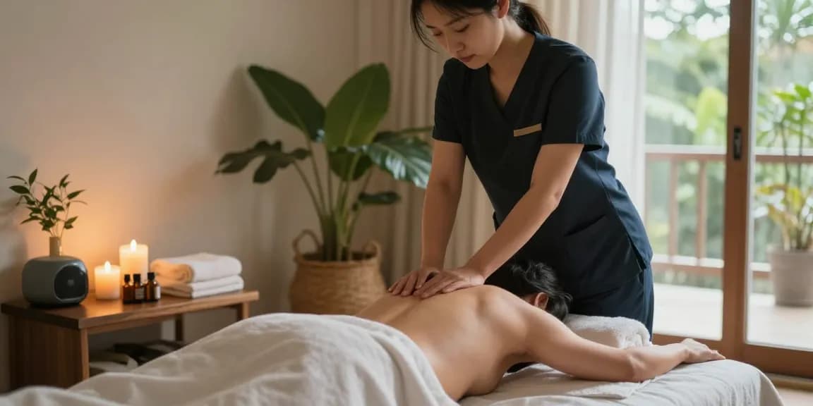 Relaxing 출장안마 session in a serene home environment with essential oils and plants.