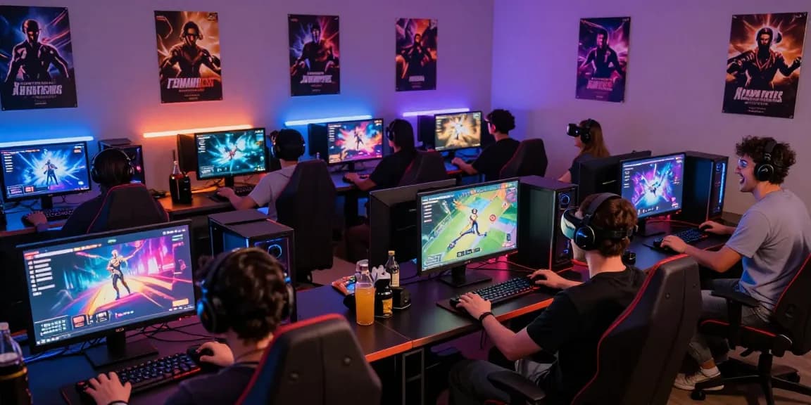 Engaged players enjoying exciting porn games online in a vibrant gaming room filled with colorful screens and gaming accessories.