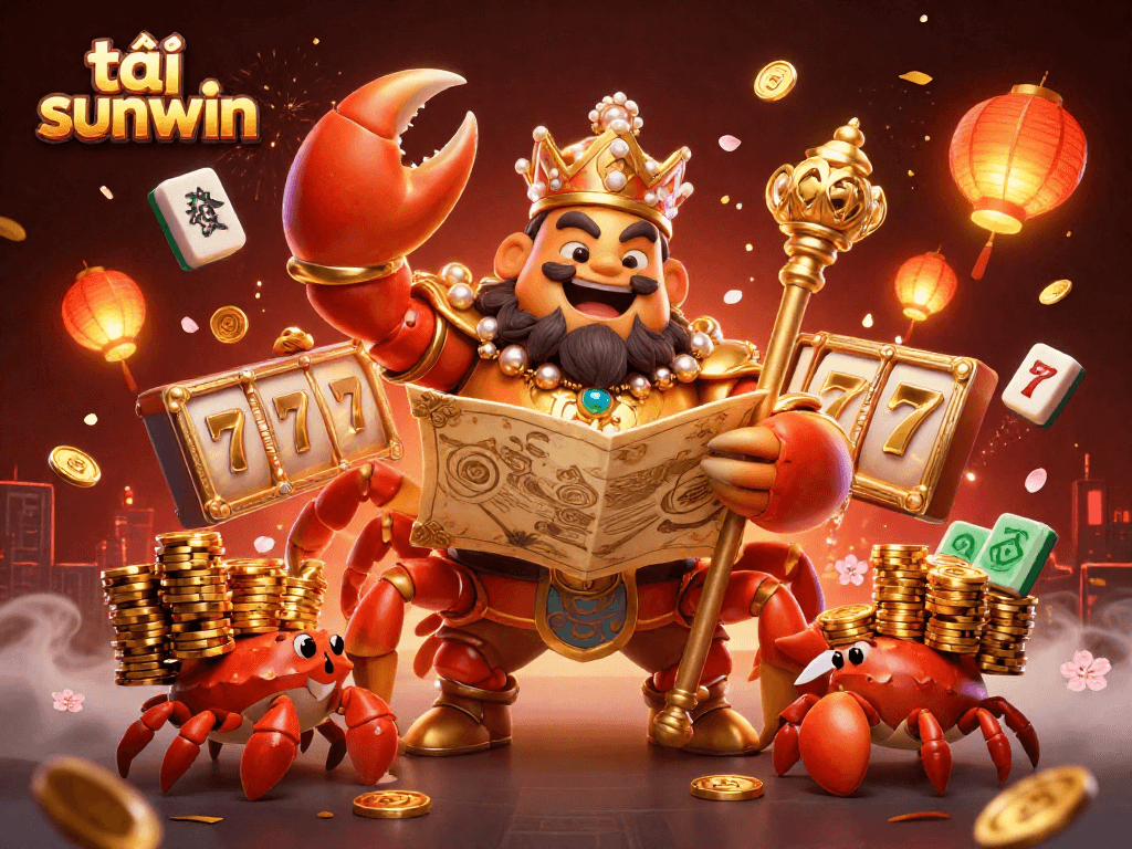 Experience the thrill to tải sunwin with our vibrant 3D casino illustration featuring golden crab emperor and treasures.