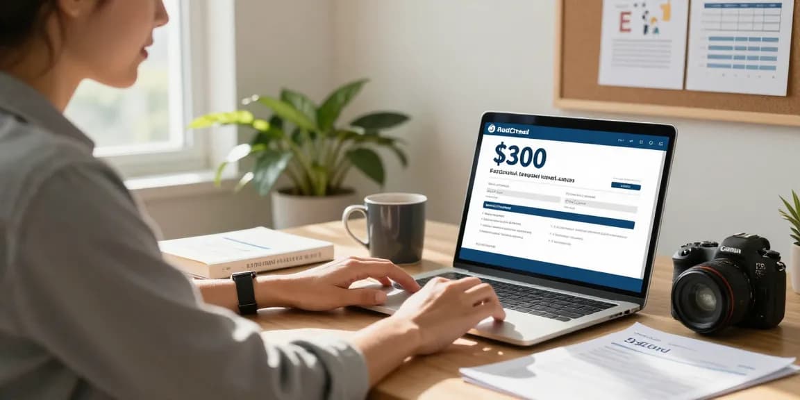 Young adult applying for a $300 loan with RadCred in a cozy home office.