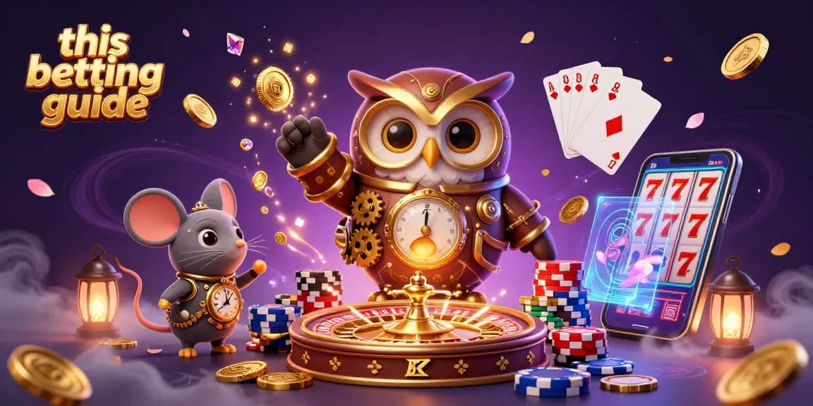 Experience thrilling bets with this betting guide, featuring a whimsical casino scene of an owl and mouse.