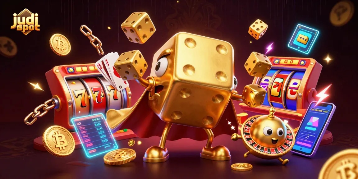 Engage in judi slot excitement with dynamic golden dice, vibrant coins, and holographic game elements!