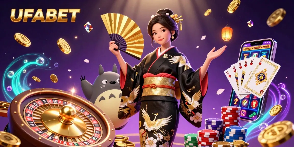 Experience thrilling gameplay at UFABET with an engaging 3D casino scene featuring vibrant characters and dynamic elements.