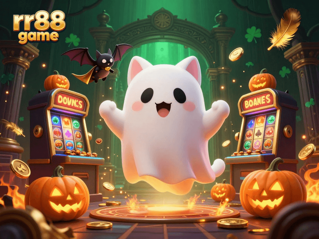 Experience the thrill of rr88 game with a friendly ghost cat in a luxurious haunted casino.