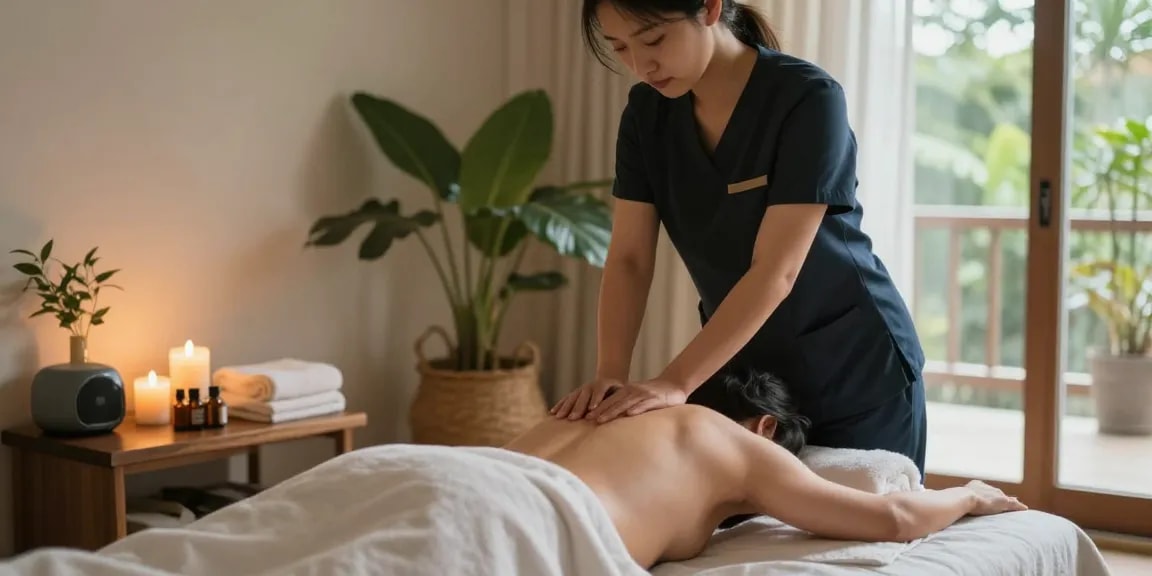 Relaxing 출장안마 session in a serene home environment with essential oils and plants.