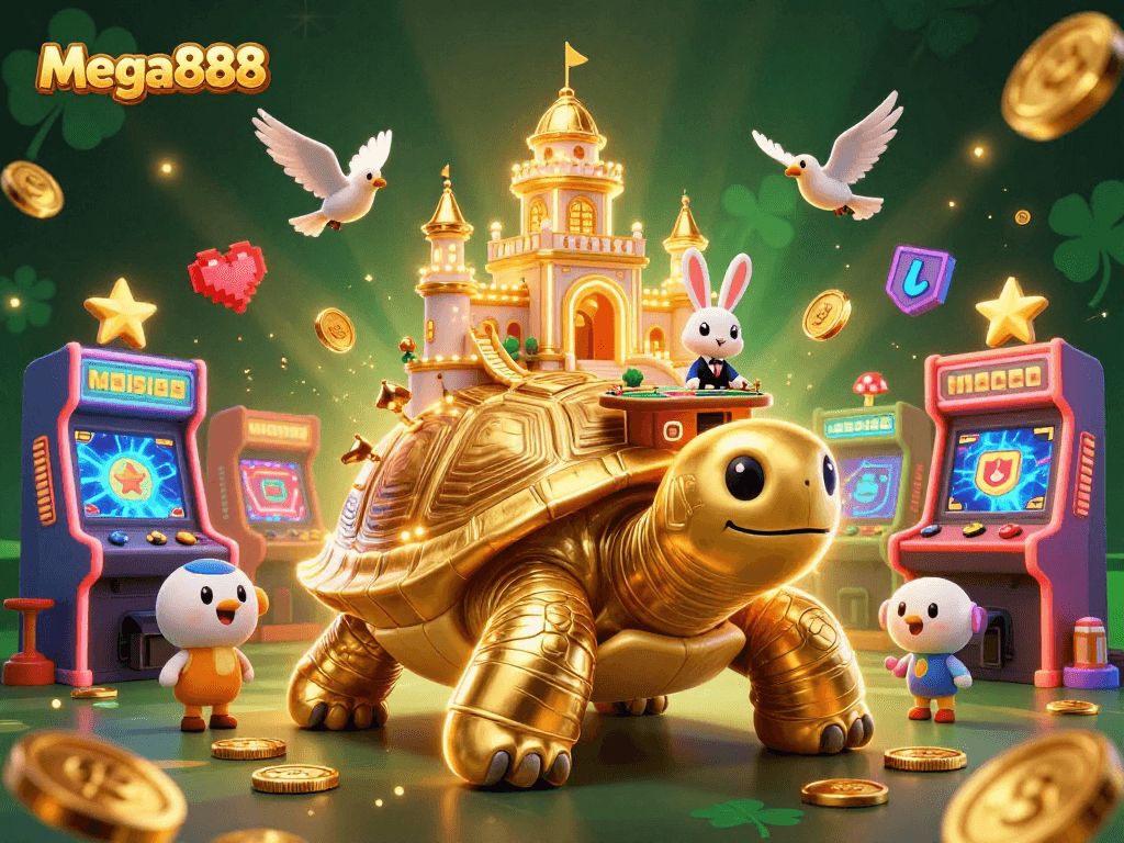 Permainan mega888 dengan kura-kura emas 3D, dealer kelinci, dan permainan menarik menghiasi suasana kasino.