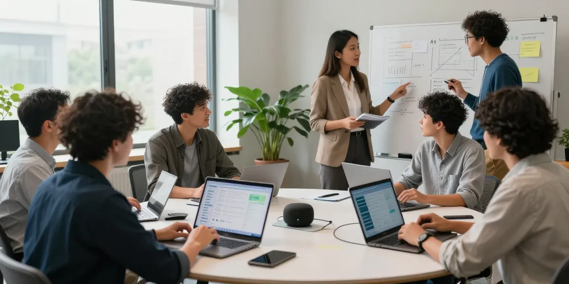 Diverse team collaborating on AI for business solutions in a modern office, showcasing technology and teamwork.