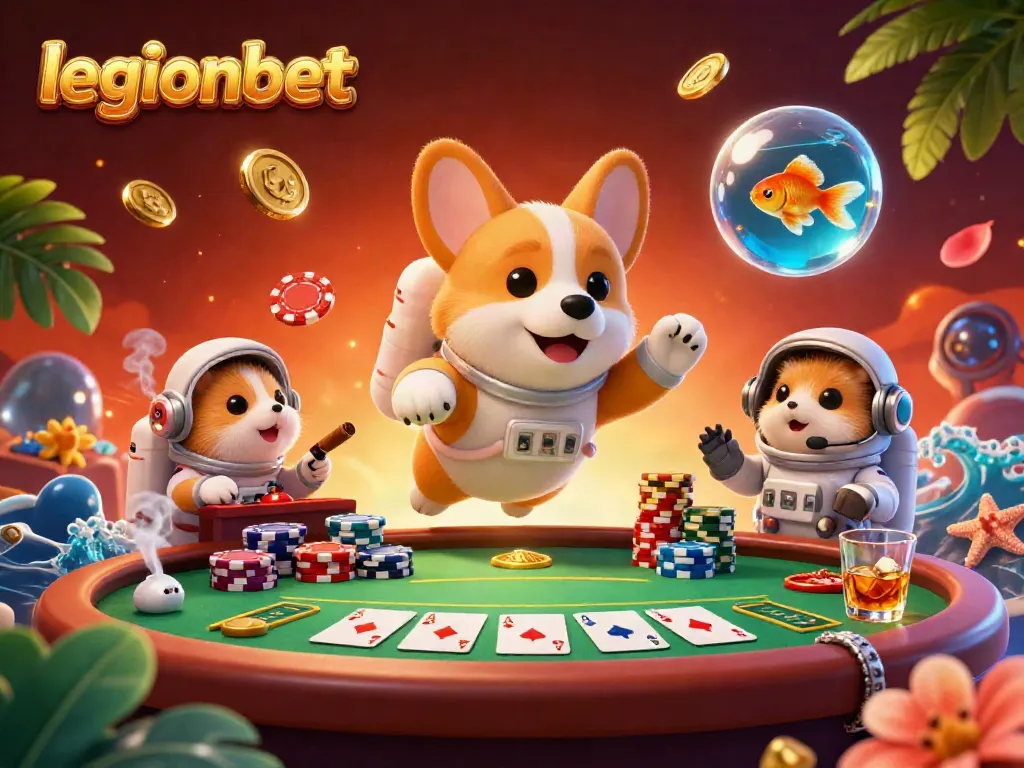 Engage with legionbet's thrilling casino experience showcasing a corgi and friends in a space-themed poker scene.