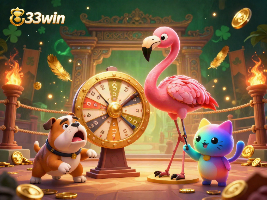 Engage with 33win's thrilling gameplay, featuring a flamingo host and bulldog contestant surrounded by vibrant casino elements.