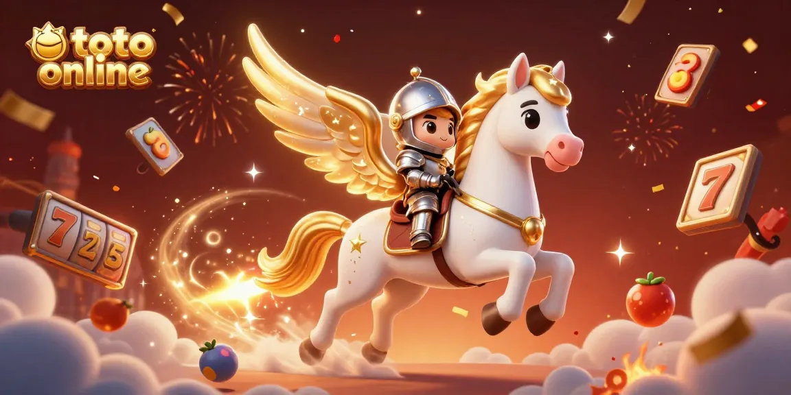 Ride the wave of excitement with toto online, featuring a knight on a celestial horse and dynamic slot symbols.