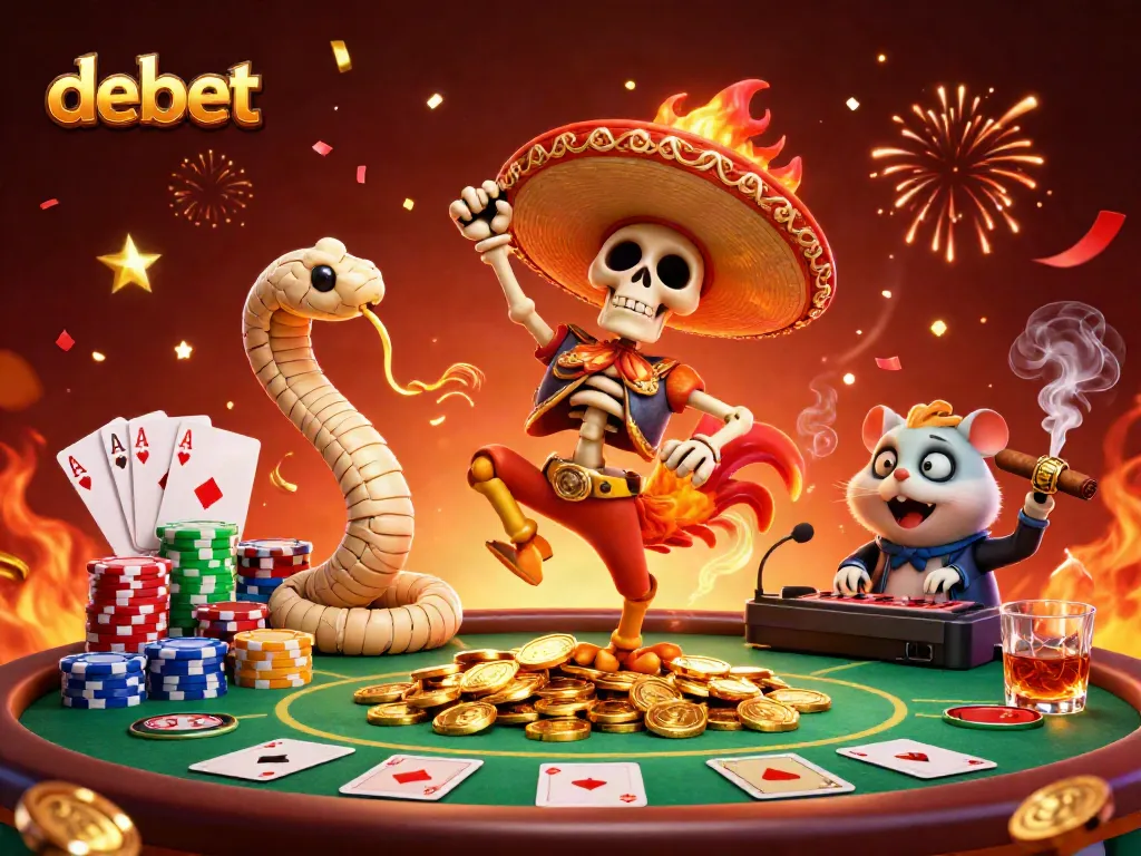 Experience the excitement of debet with a vibrant casino scene showcasing festive characters amidst poker action.