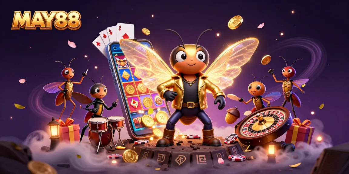 MAY88 showcases a vibrant scene of a rock star cicada, a beetle drummer, and crickets surrounded by dynamic casino elements.
