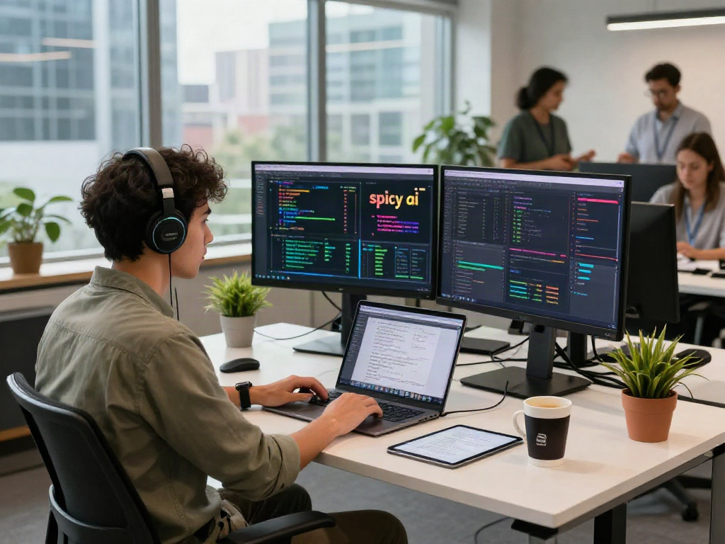 AI developer coding with spicy ai insights on dual monitors in a vibrant tech workspace