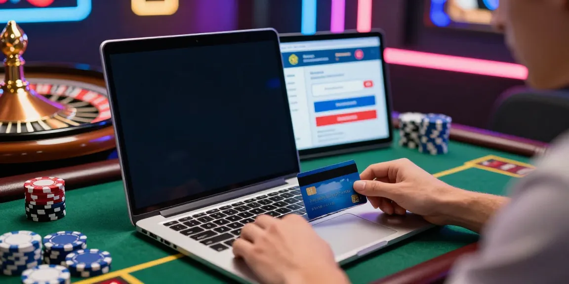 Player engaging with casinos that take credit cards using a laptop, surrounded by casino elements.