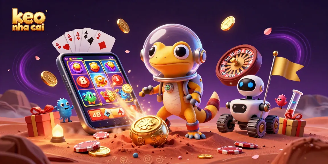 Engage in exciting gameplay with keo nha cai showcasing a 3D Martian gecko exploring a golden casino.