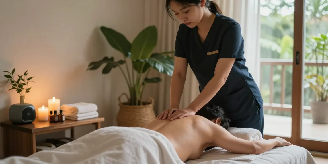 Relaxing 출장안마 session in a serene home environment with essential oils and plants.