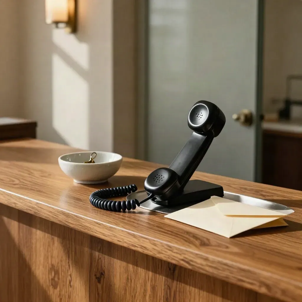 Law firm reception ledge with handset, key bowl, and sealed envelope in warm light.