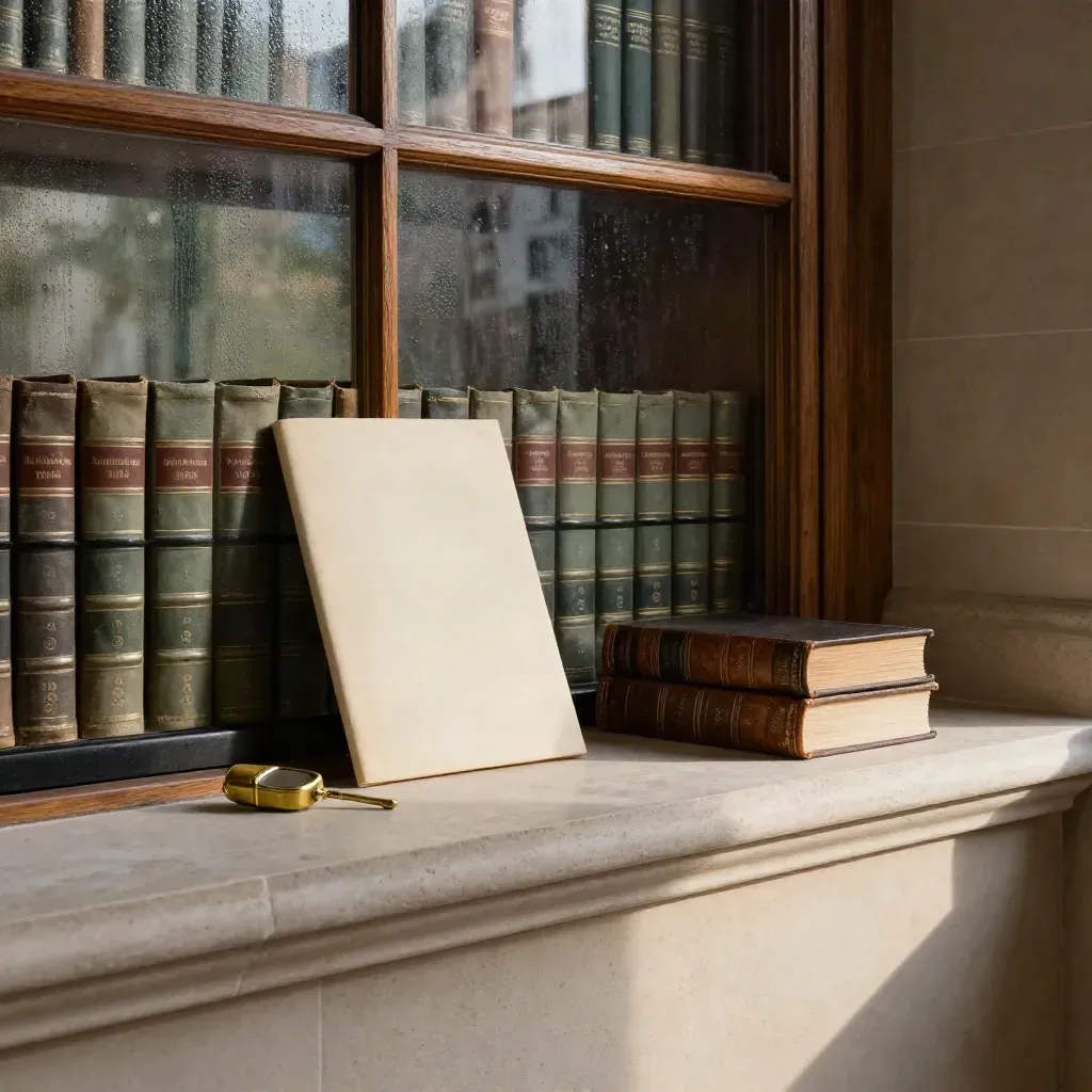 Moody London law library corner with brass opener, ivory folder, law books and warm shower light.