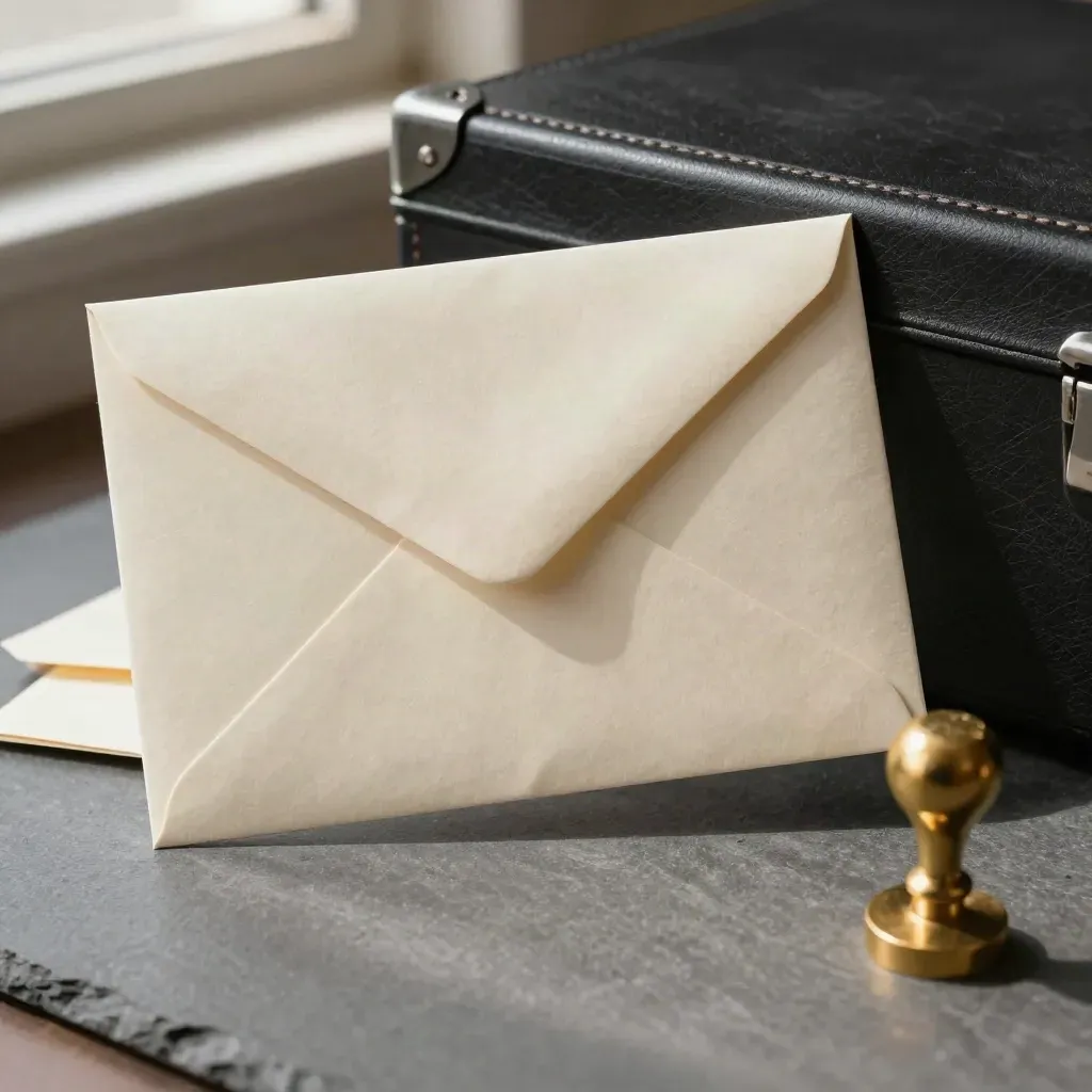 Cream envelopes, brass stamp and dark file case on slate in a tense legal mail moment.