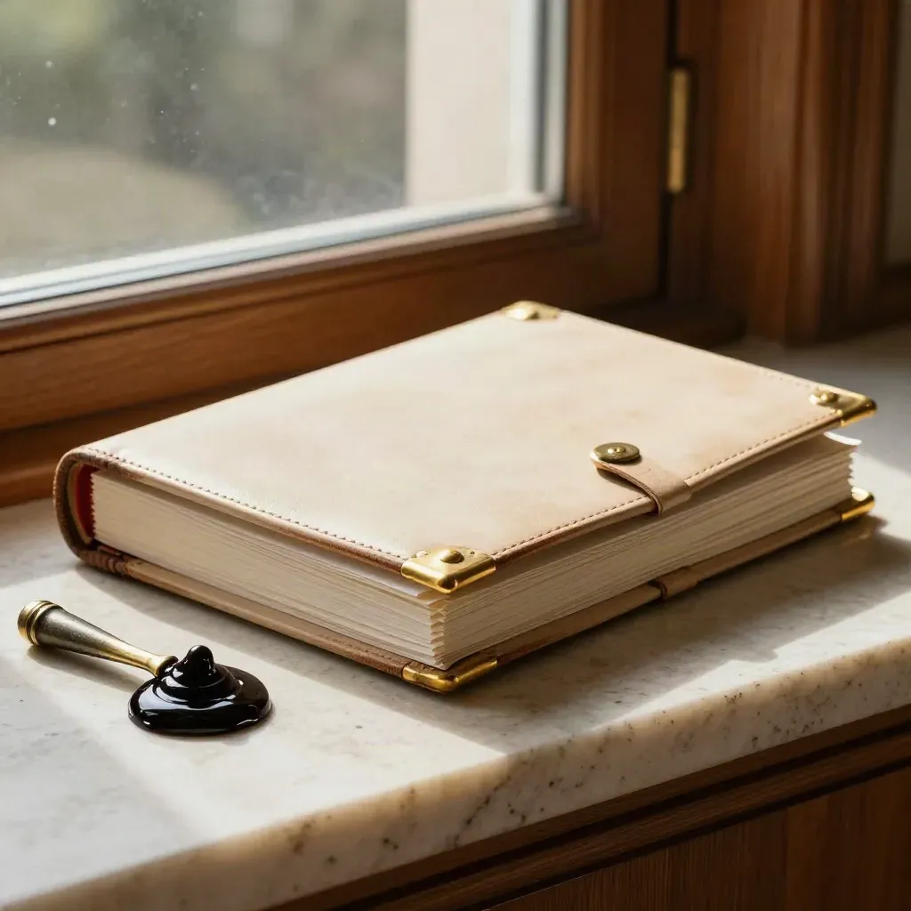 Cream legal portfolio with brass fittings and tied papers on pale stone in warm light.