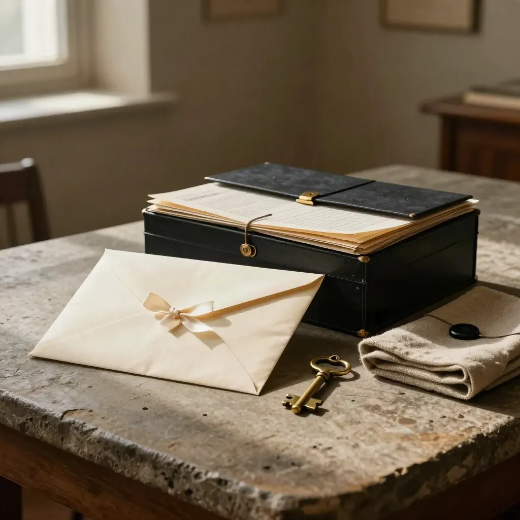 Probate envelope, brass key and ledger box on linen in a moody legal archive