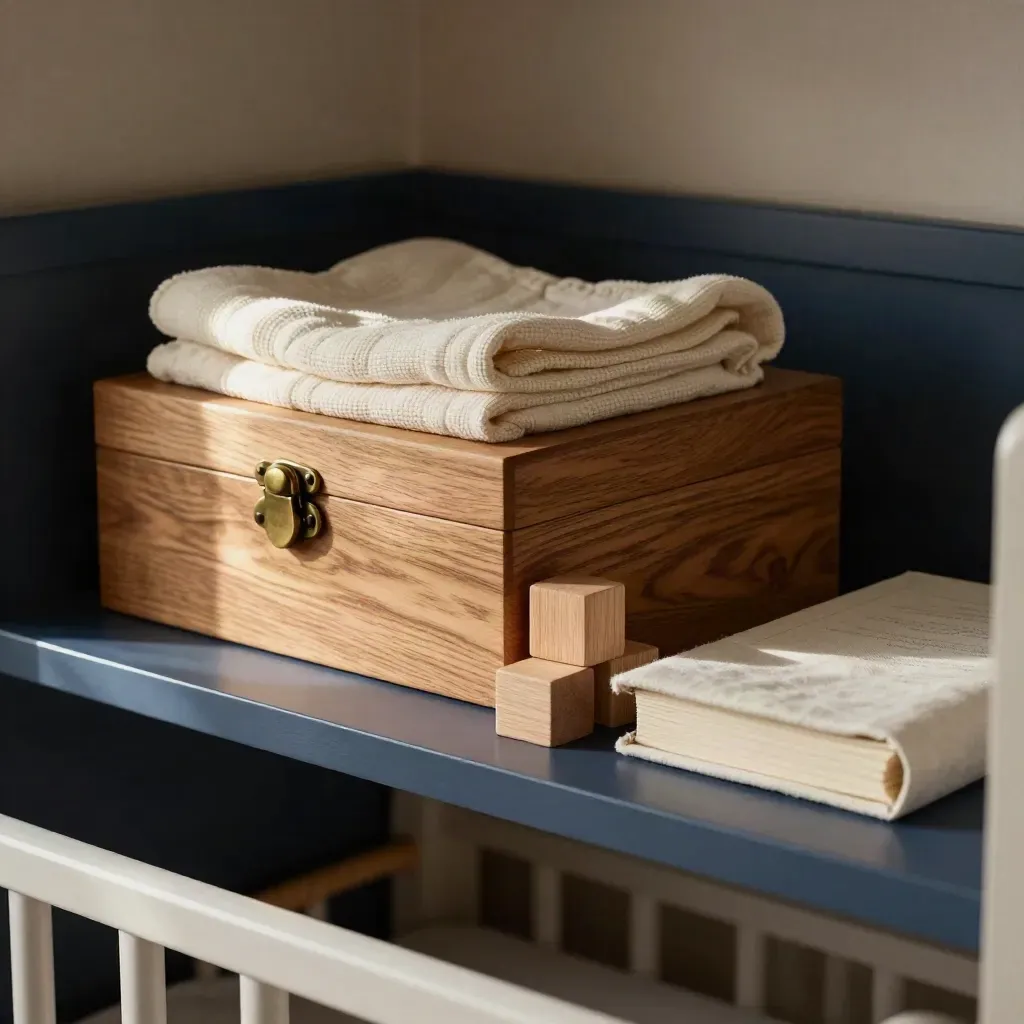Nursery shelf with keepsake box, folded blanket, and wooden blocks in warm navy-cream light.