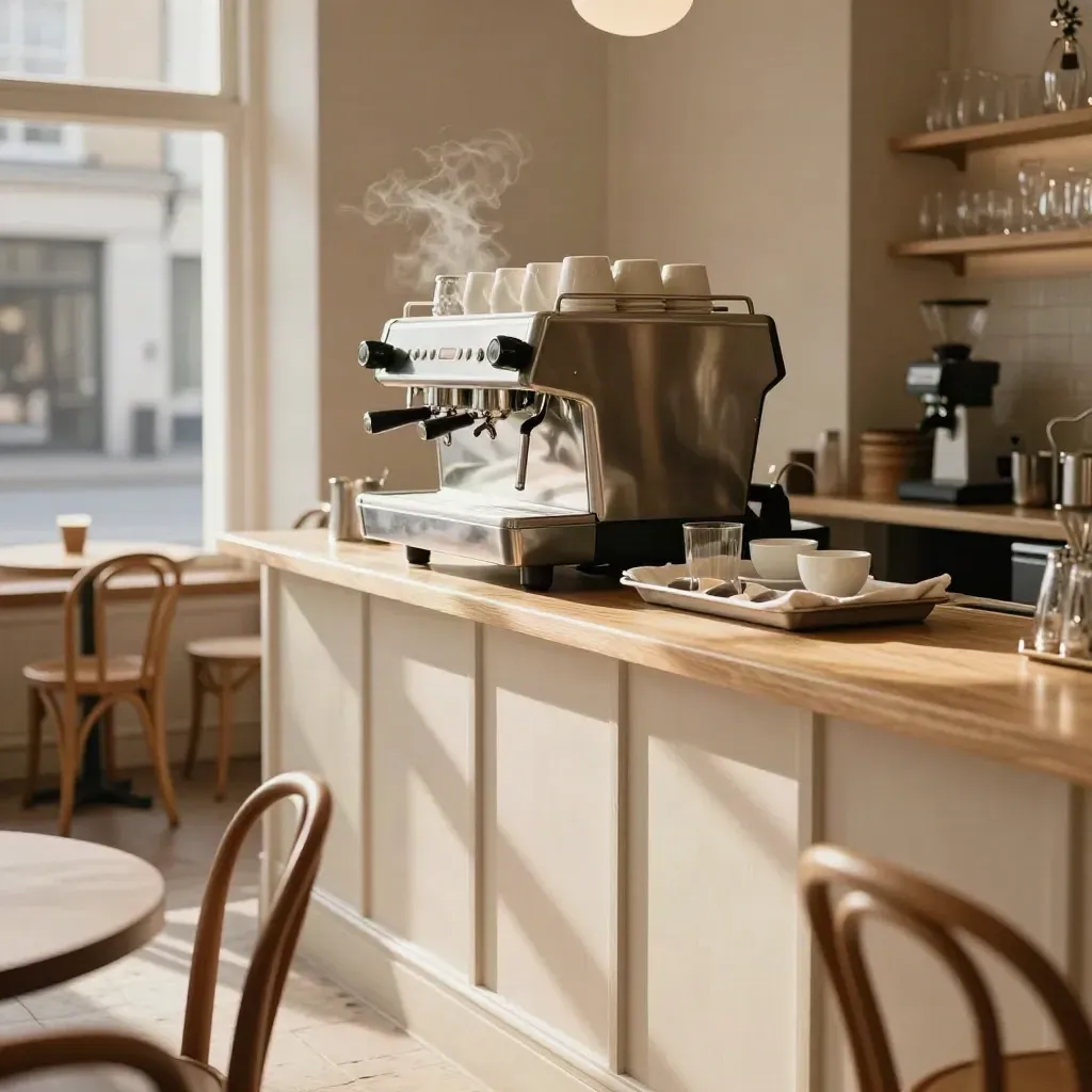Empty café counter with espresso machine, cups and chairs in warm window light.