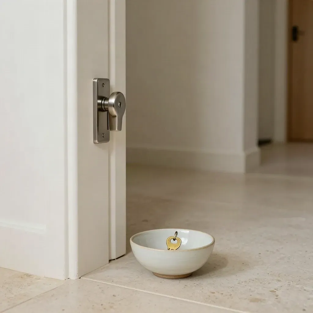 Quiet rental hallway with brass keys in a bowl and a freshly closed door latch.