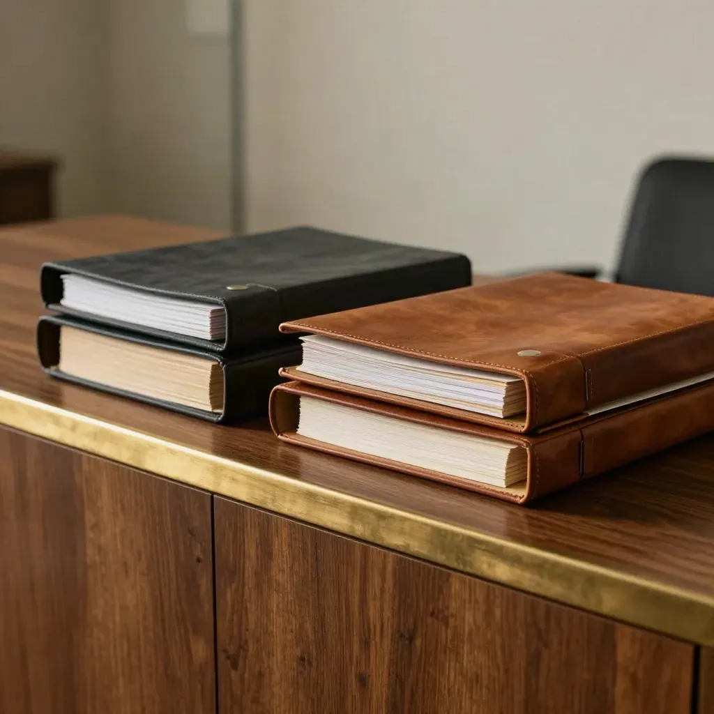 Two closed stacks of legal folders split by a brass strip on a dark credenza in moody boardroom light