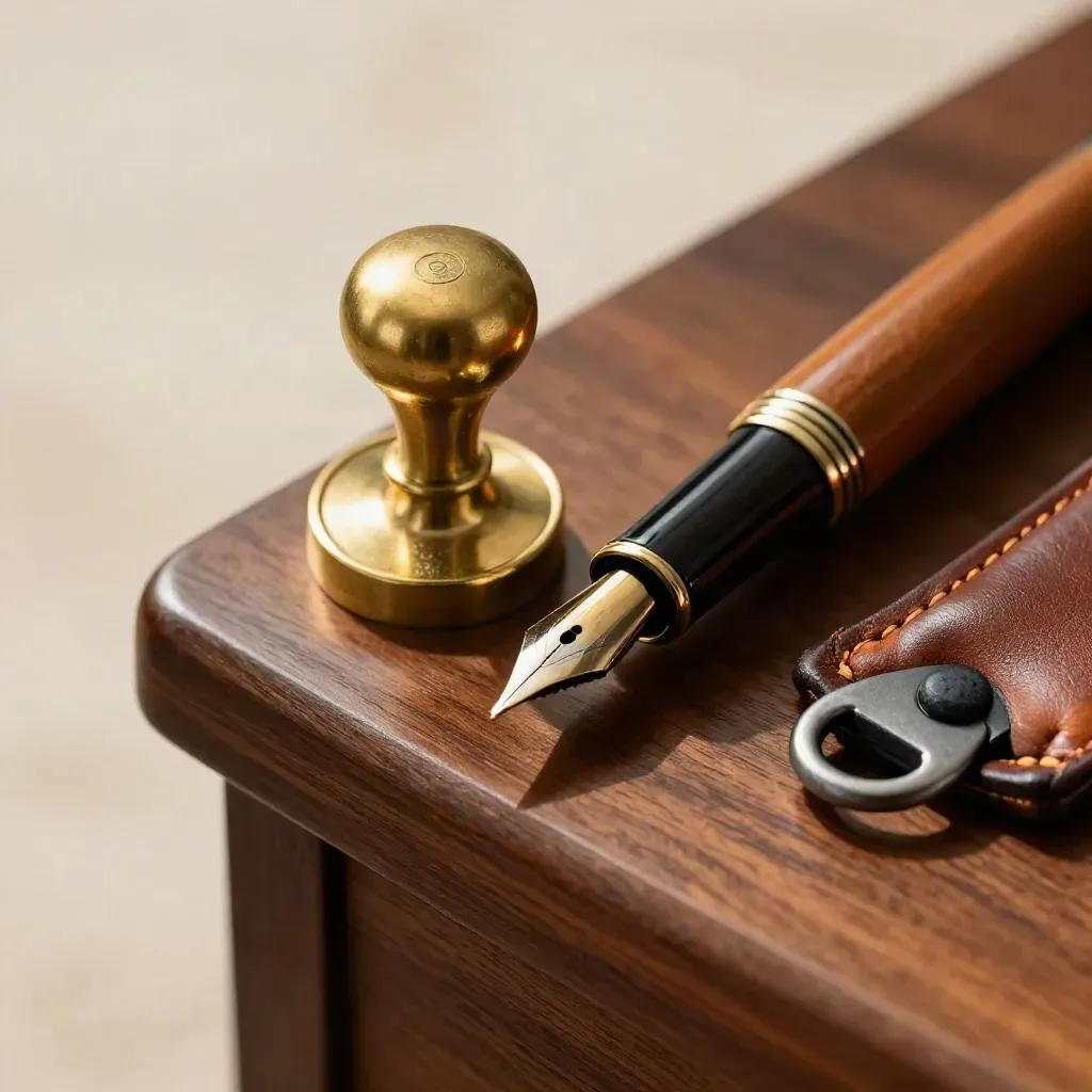 Brass seal, worn fountain pen, and leather key on walnut in a law office macro still life.