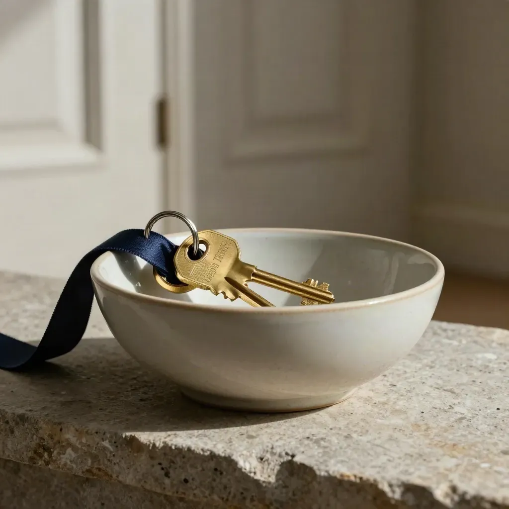 Brass house keys beside a ceramic bowl and navy ribbon on a stone threshold