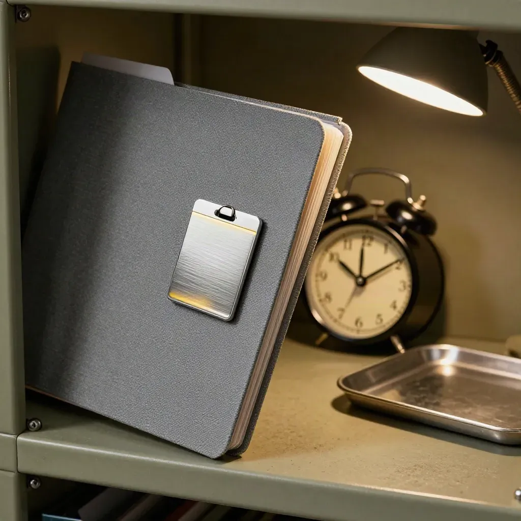 Grey case folder, metal keycard sleeve, and small alarm clock on a legal archive shelf