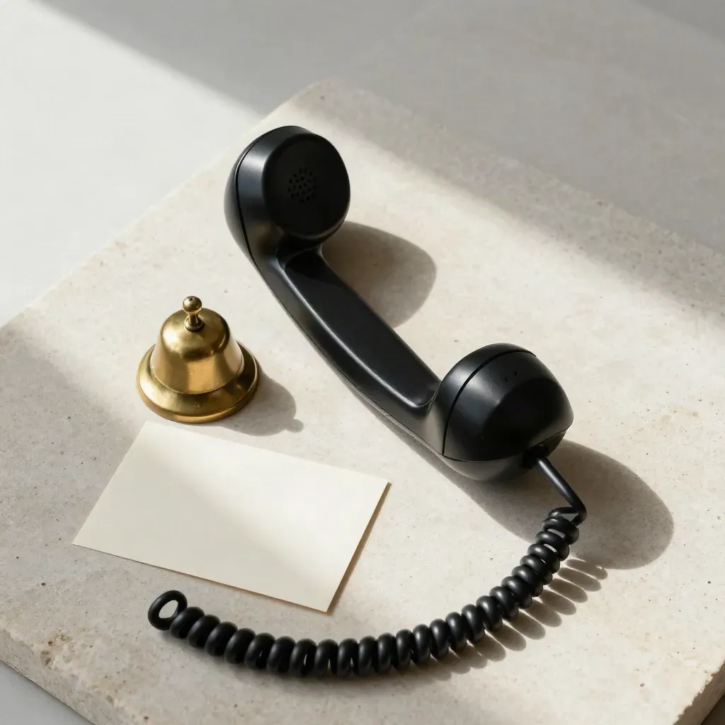 Overhead handset, brass bell and sealed note card on pale stone