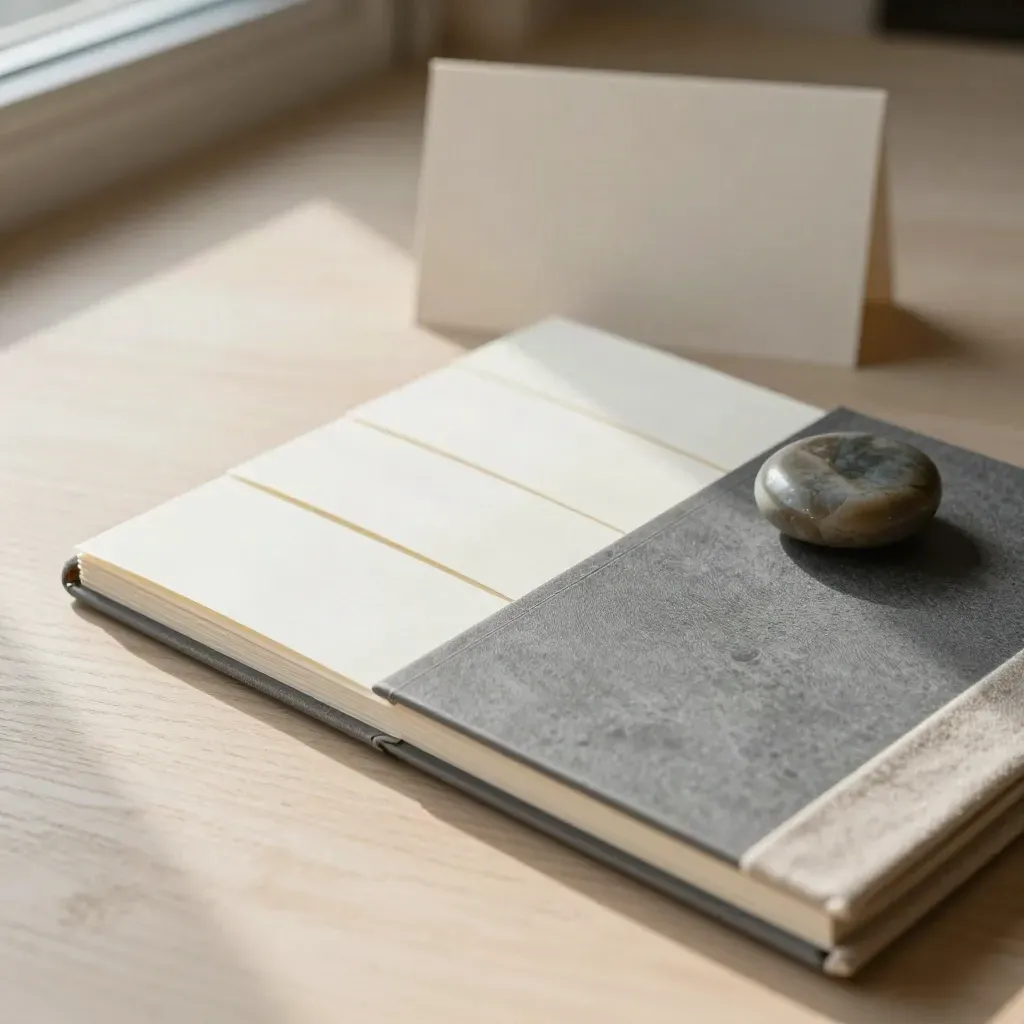 Overhead still life of a charcoal portfolio, tab dividers, stone paperweight, and linen on pale wood.