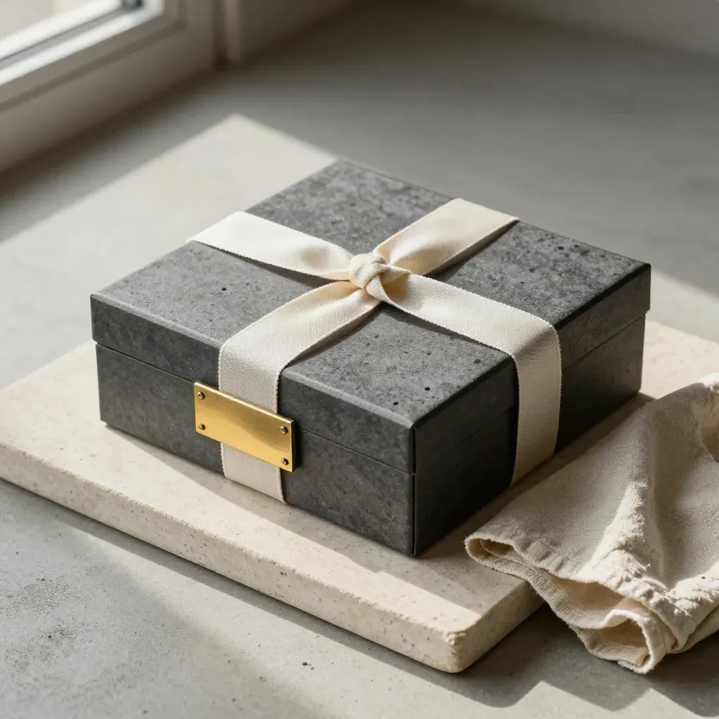 Closed archive box with brass label holder and ribbon on linen tray, top-down still life