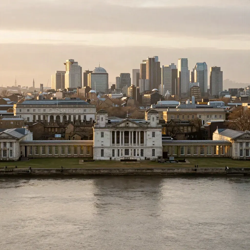 Greenwich rooftops over the Thames in dusk haze, wide calm landscape