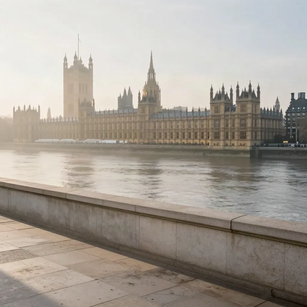 Westminster skyline at sunrise with mist, river edge, and pale stone terrace foreground