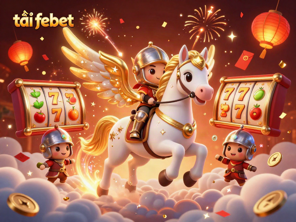 Experience the thrill of online gaming by tải febet with a cartoon horse and knight amidst dazzling slots and party elements.