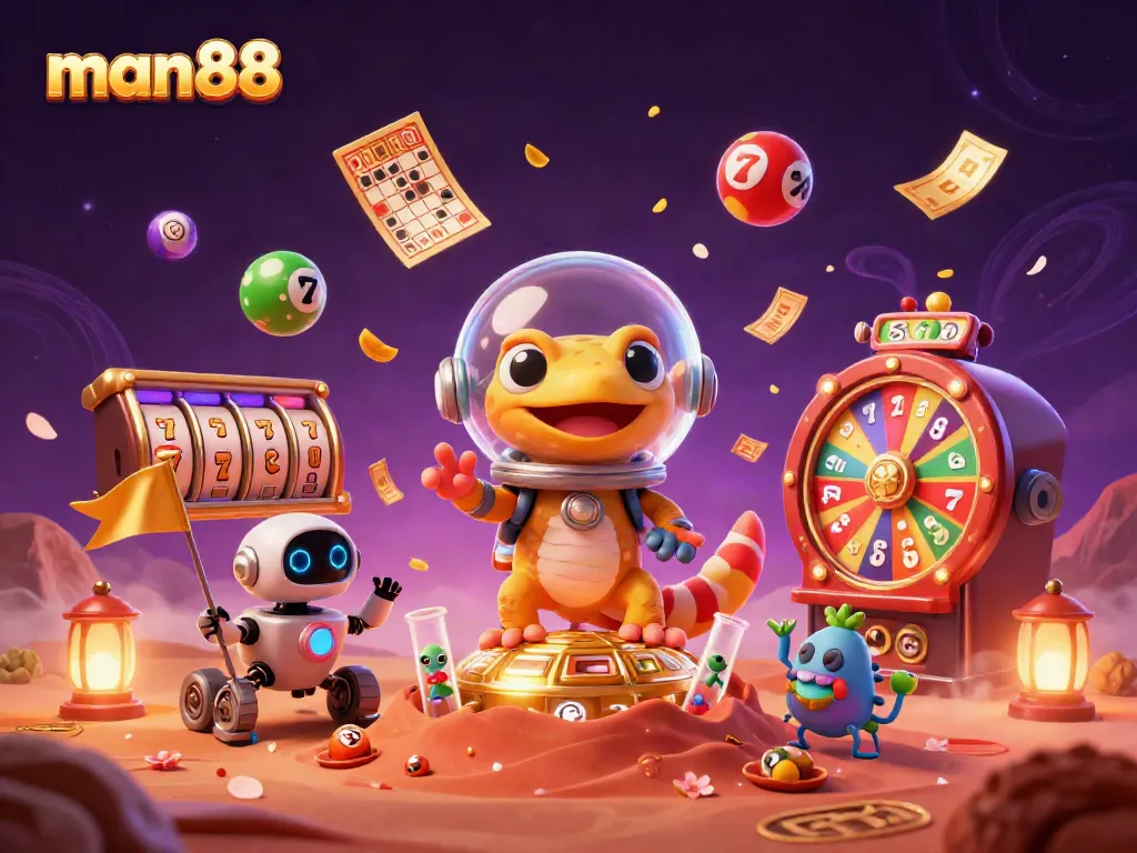 Experience the thrilling man88 universe with a Martian gecko uncovering a golden casino buried in red sand.
