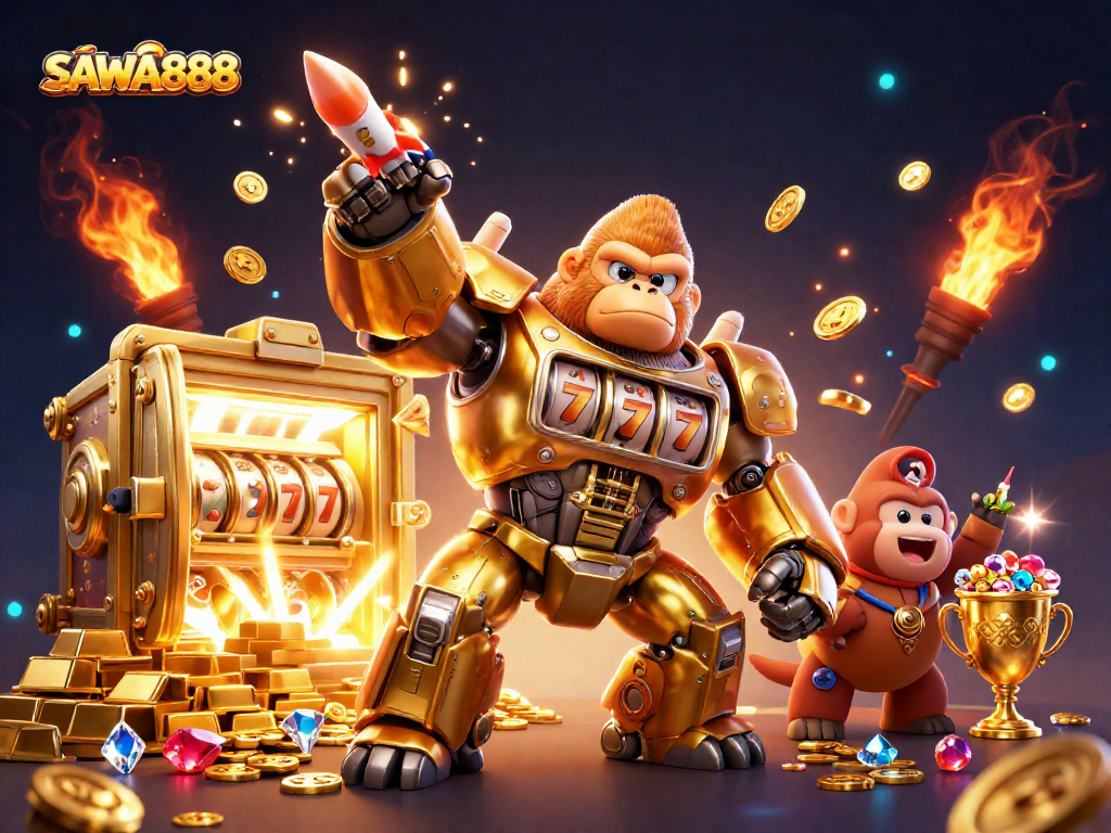Experience the excitement of SAWA888 with a golden gorilla mech and treasure galore!