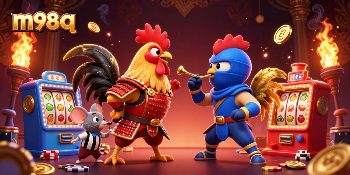 Engage with m98 q as colorful fighting roosters create a dynamic casino showdown amidst arcade and gaming elements.