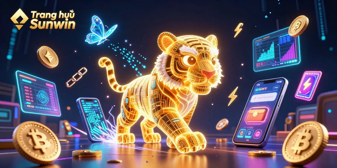 Experience the thrill of Trang chủ Sunwin with a vibrant 3D casino scene featuring a neon tiger and cryptocurrency elements.