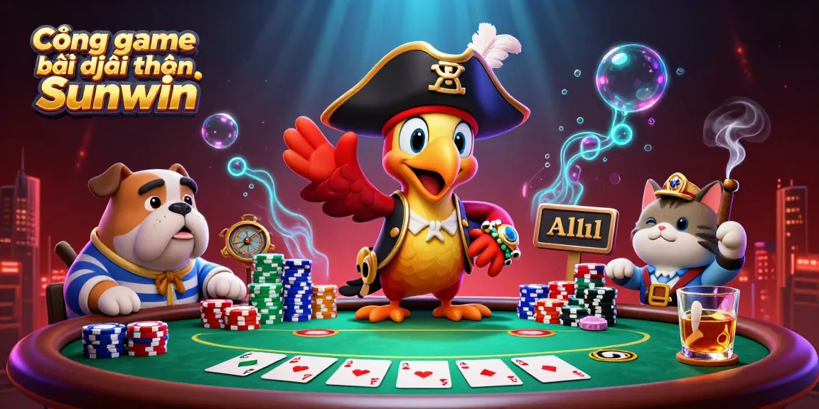 Cổng game bài đổi thưởng Sunwin showcases a pirate adventure at a dynamic poker table with colorful chips and cards.