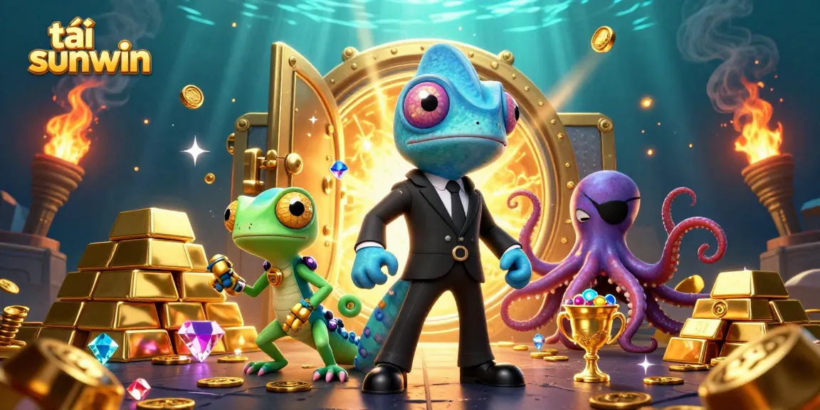 Win big with tải sunwin in a dynamic casino-themed 3D illustration featuring unique characters and treasures.