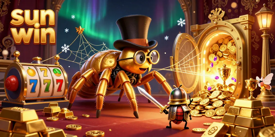 Engage in the sun win casino experience featuring slot machines and treasures with a 3D illustration of characters.