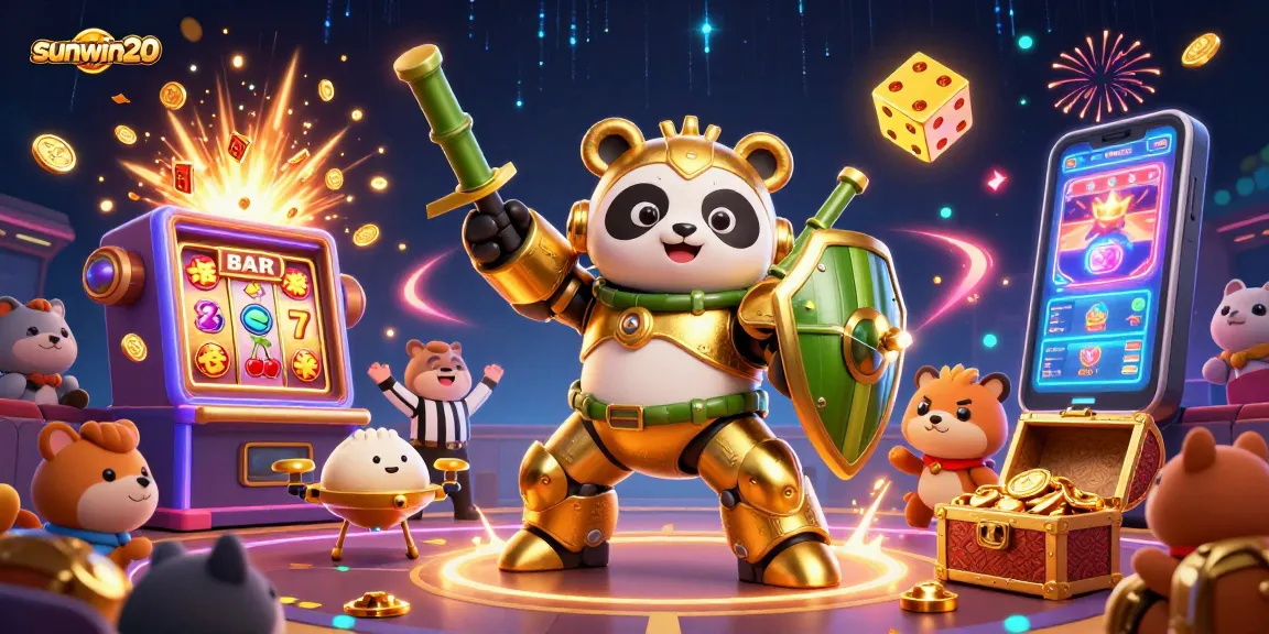 Experience the thrilling world of sunwin20 with vibrant casino action featuring a mech-suit golden panda surrounded by slots and gaming elements.